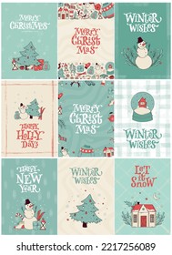 set of Christmas greeting cards, nursery posters, prints, invitations, banners, templates decorated with doodles and lettering quotes. EPS 10