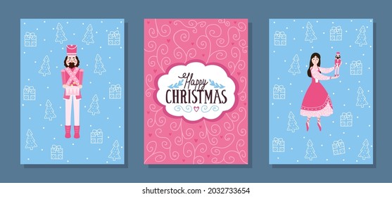 Set of christmas greeting cards with nutcracker and balerina with lettering in cartoon childish style, printable postcard for kids, templates for xmas holiday