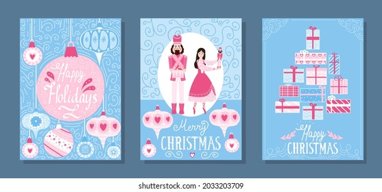 Set of christmas greeting cards with nutcracker and balerina princes with lettering and xmas toys in childish style