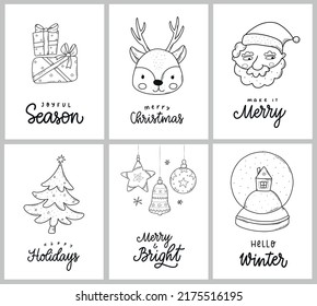 set of christmas greeting cards, posters, prints, invitations, stickers, nursery room decor, etc. Hand drawin cartoon doodles with letteting quotes. EPS 10