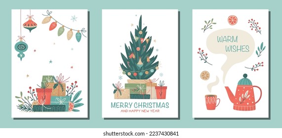 Set of Christmas greeting cards in retro style with decorated fir tree, gifts and teapot with herbals. Vector illustration. New year eve and happy winter holidays flat style concept