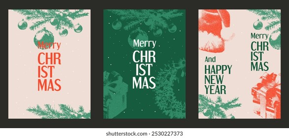 Set of Christmas greeting cards with a retro photocopy effect. Festive background, cover, design of an advertising banner, flyer. Grain effect and stippling. Vector.