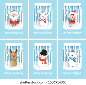 Set of Christmas greeting cards with Santa and cute animals  in paper cut and craft style . 