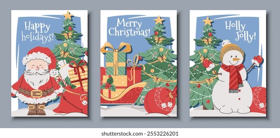 Set of Christmas greeting cards with Santa Claus, snowman, gifts, and a Christmas tree on a blue background in a flat cartoon style. Vector illustration for poster, banner, invitation, etc.