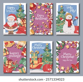 Set of Christmas greeting cards with Santa Claus, snowman, gifts, a wreath, gift box, a garland, and confetti on a pink background in a flat cartoon style. Vector illustration for poster, banner