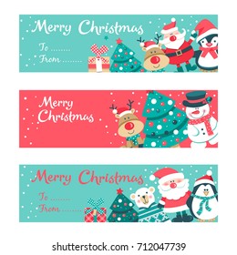 Set of Christmas greeting cards with Santa, deer, tree penguin, bear and snowman. Vector illustration.