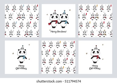 Set of Christmas greeting cards and seamless patterns with cute pandas. Hand drawn pandas for your design. Vector.