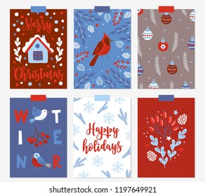 Set of Christmas greeting cards with snowflakes, branches, berries, birds, balls, cones, letters, house in Red, Blue and White. Perfect for winter holidays and New Year greetings