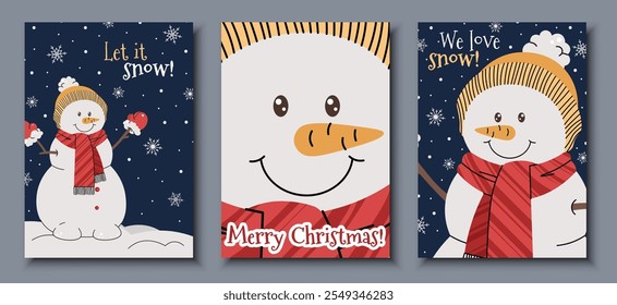 Set of Christmas greeting cards with a snowman in a hat and scarf on a blue background with snowflakes in a cartoon flat style. Vector illustration for poster, banner, invitation, etc