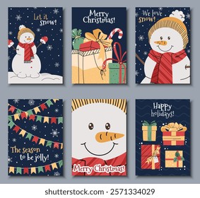 Set of Christmas greeting cards with a snowman in a hat and scarf on a blue background with snowflakes in a cartoon flat style. Vector illustration for poster, banner, invitation, etc