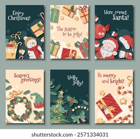 Set of Christmas greeting cards with a snowman, Santa Claus, Christmas tree and gifts on a green background in a flat cartoon style. Vector illustration for poster, banner, invitation, etc