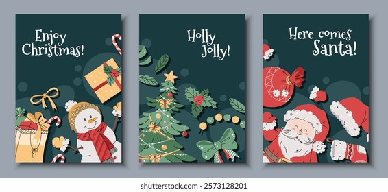 Set of Christmas greeting cards with a snowman, Santa Claus, Christmas tree and gifts on a green background in a flat cartoon style. Vector illustration for poster, banner, invitation, etc.