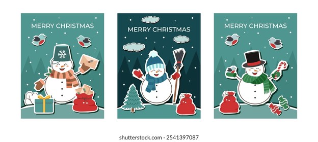 Set of Christmas greeting cards with snowmen. Christmas posters. Cute winter flat style vector illustration.