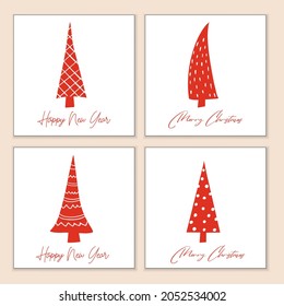 Set of Christmas greeting cards with stylized red decorated Christmas trees. Vector posters drawn by hand.