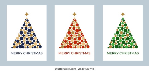 Set of Christmas greeting cards with christmas trees made of colorful circles. Flat style. Template for winter holidays design. Vector illustration