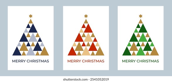 Set of Christmas greeting cards with christmas trees made of colorful triangles. Flat style. Template for winter holidays design. Vector illustration