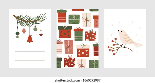 Set of Christmas greeting cards. Vector festive template set for winter holidays and Christmas design. Hand drawn winter holiday symbols. Merry Christmas and Happy New Year cartoon posters