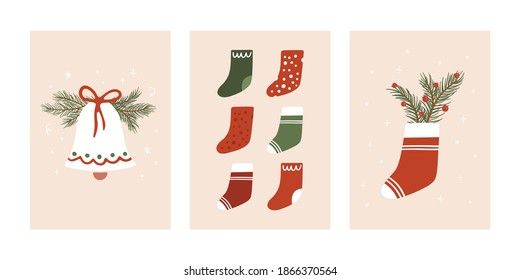 Set of Christmas greeting cards. Vector festive template set for winter holidays and Christmas design. Hand drawn winter holiday symbols. Merry Christmas and Happy New Year cartoon posters