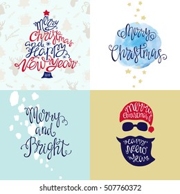 Set of Christmas greeting cards. Vector illustration with hand lettering.
