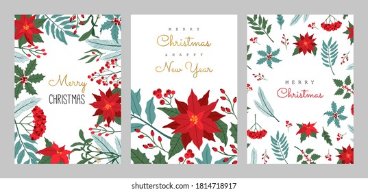 Set of Christmas greeting cards with winter plants, poinsettia, rowan brunches and holly berry. Invitation to a holiday party. Vector illustration in modern flat style, isolated on white background.