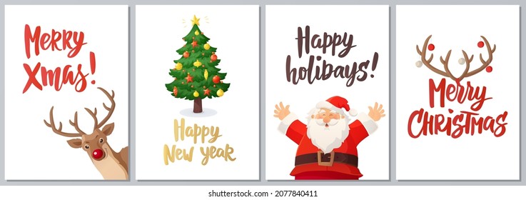 Juego de tarjetas de felicitación de Navidad. Personajes de la temporada de invierno. Caricatura de Santa Claus y árbol de Navidad decorado. Renos y corderos con adornos. Saludos con letras de mano para las vacaciones. Ilustraciones vectoriales. 