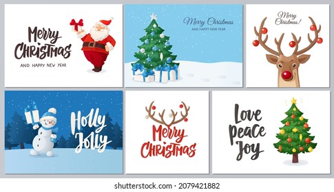 Set of Christmas greeting cards. Winter season characters. Cartoon Santa Claus and decorated Christmas tree. Reindeer and antlers with ornaments. Hand lettered holiday wishes. Vector illustrations. 