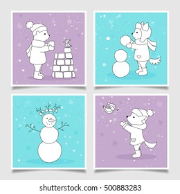 Set of Christmas greeting coloring with animals illustrations