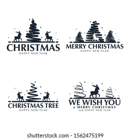 Set of Christmas greeting emblems with hand draw trees and deer