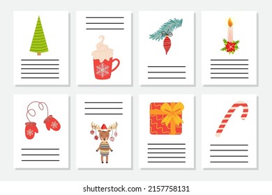Set of Christmas greeting or invitation. Postcards with New Years symbols, Christmas tree, snowflakes, gifts, candy cane, sleigh and more.