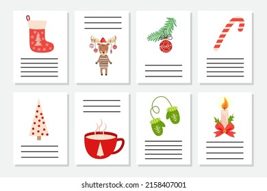 Set of Christmas greeting or invitation. Postcards with New Years symbols, Christmas tree, snowflakes, gifts, candy cane, sleigh and more.