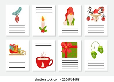 Set of Christmas greeting or invitation. Postcards with New Years symbols, Christmas tree, snowflakes, gifts, candy cane, sleigh and more.