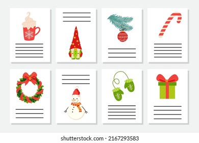 Set of Christmas greeting or invitation. Postcards with New Years symbols, Christmas tree, snowflakes, gifts, candy cane, sleigh and more.