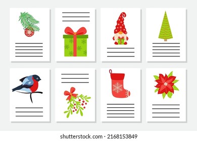 Set of Christmas greeting or invitation. Postcards with New Years symbols, Christmas tree, snowflakes, gifts, candy cane, sleigh and more.