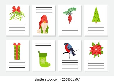 Set of Christmas greeting or invitation. Postcards with New Years symbols, Christmas tree, snowflakes, gifts, candy cane, sleigh and more.