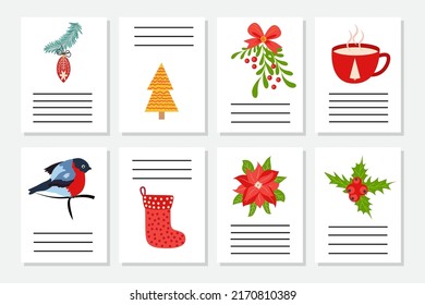Set of Christmas greeting or invitation. Postcards with New Years symbols, Christmas tree, snowflakes, gifts, candy cane, sleigh and more.
