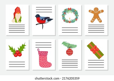 Set of Christmas greeting or invitation. Postcards with New Years symbols, Christmas tree, snowflakes, gifts, candy cane, sleigh and more.