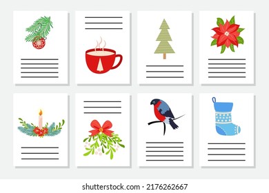 Set of Christmas greeting or invitation. Postcards with New Years symbols, Christmas tree, snowflakes, gifts, candy cane, sleigh and more.