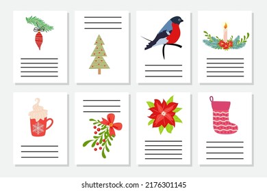 Set of Christmas greeting or invitation. Postcards with New Years symbols, Christmas tree, snowflakes, gifts, candy cane, sleigh and more.