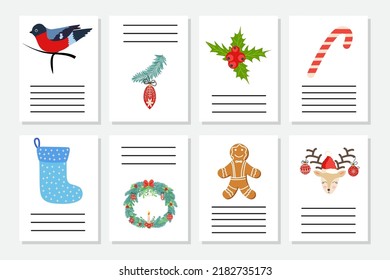 Set of Christmas greeting or invitation. Postcards with New Years symbols, Christmas tree, snowflakes, gifts, candy cane, sleigh and more.