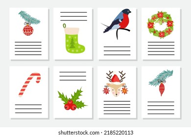 Set of Christmas greeting or invitation. Postcards with New Years symbols, Christmas tree, snowflakes, gifts, candy cane, sleigh and more.