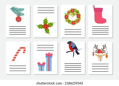 Set of Christmas greeting or invitation. Postcards with New Years symbols, Christmas tree, snowflakes, gifts, candy cane, sleigh and more.