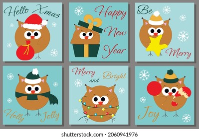 Set Christmas greeting postcard with character Owl