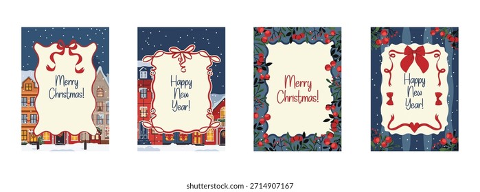Weihnachts-Grußplakat, Grußkarte, Umschlag, Etikett. Winterstadtpanorama mit Häusern im Schnee, Landschaft mit Häusern, Beerenrahmen.