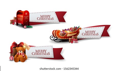 Set Christmas greeting red ribbons with Christmas icons isolated on white background