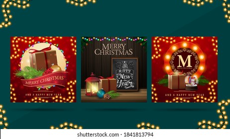 Set von Weihnachtsgrußkarten mit Weihnachtsgeschenken. Weihnachtskarten druckfertig