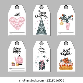 Set of Christmas greeting tags. Vector hand drawn illustration. Christmas tree, cake, pesents and lettering. New Year scrapbook. Holiday festive party. Winter background. For print, design, and decor