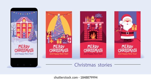 Set of Christmas greeting templates for stories. Vector illustration, flyer, banner
