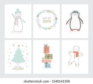 Set of Christmas greetings cards in hand drawn style. Cute Vector illustration of penguin, snowman, gingerman, christmas tree, gift boxes, snowflakes, winter wreath.