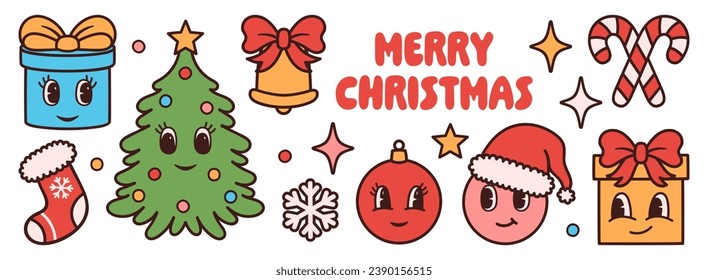 Set of Christmas groovy decorative elements. Christmas tree, balls, candy canes, gift boxes, bell. Winter holidays sticker collection.