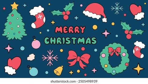 Set of Christmas groovy decorative elements. Christmas tree, balls, candy canes, gift boxes, bell. Winter holidays sticker collection.